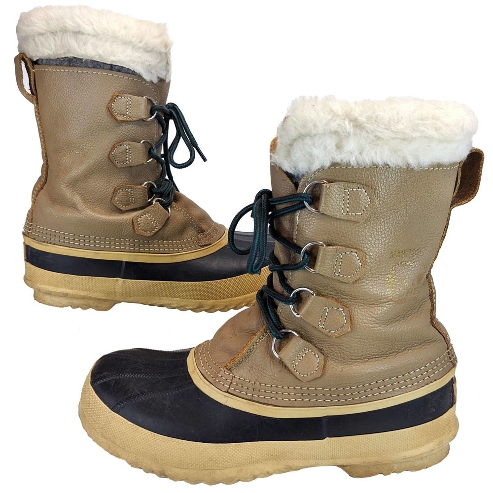 VTG Sorel Manitou Tan Beige Wool Lined Water Resistant Rain Duck Boots Womens 9